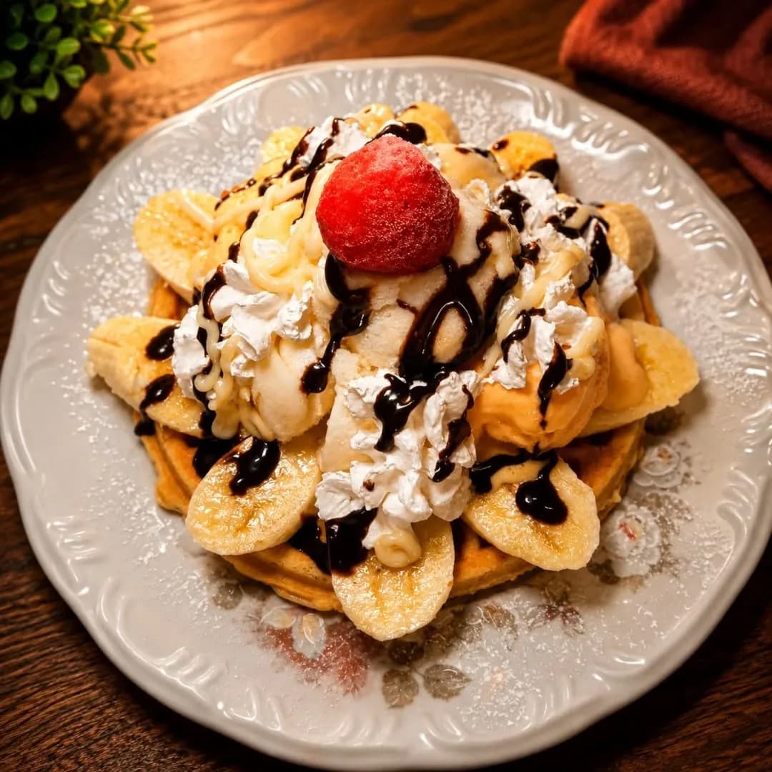 Waffle de Bruxelas com gelato e frutas